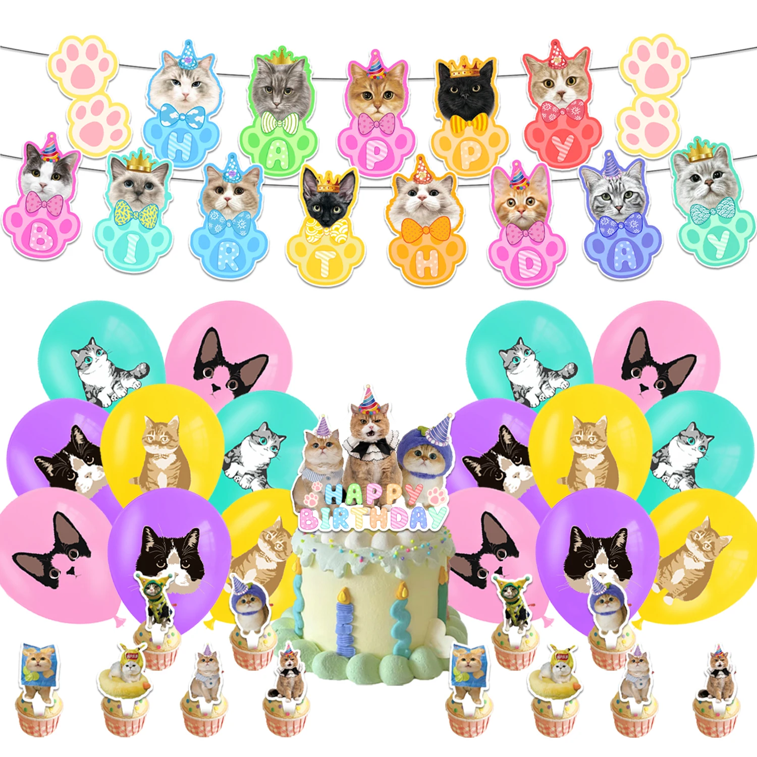 

Pet Cats Birthday Party Decoration Supply Cute Kitten Banner Cake Topper Balloon Baby Shower for kids Cats Theme Party Supplies