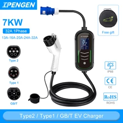 IPENGEN caricatore portatile EV 220V 7KW J1772 Type1 IEC62196 caricatore Type2 GBT 32A caricatore di corrente regolabile per auto elettrica