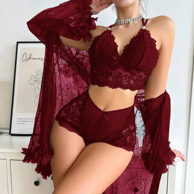 Women Sexy Robe Lingerie Set Lace V-neck Halter Bralette Underwear Suit + Transparent Mesh Bathrobe Nightwear Female Sleepwear image 3