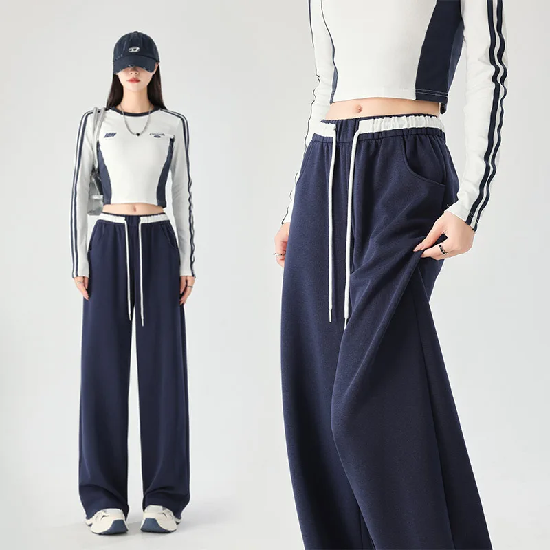 

Весенние повседневные прямые женские спортивные брюки с высокой талией, свободного кроя, с широкими штанинами, на шнурке, с дизайнерским акцентом, коллекция 2026