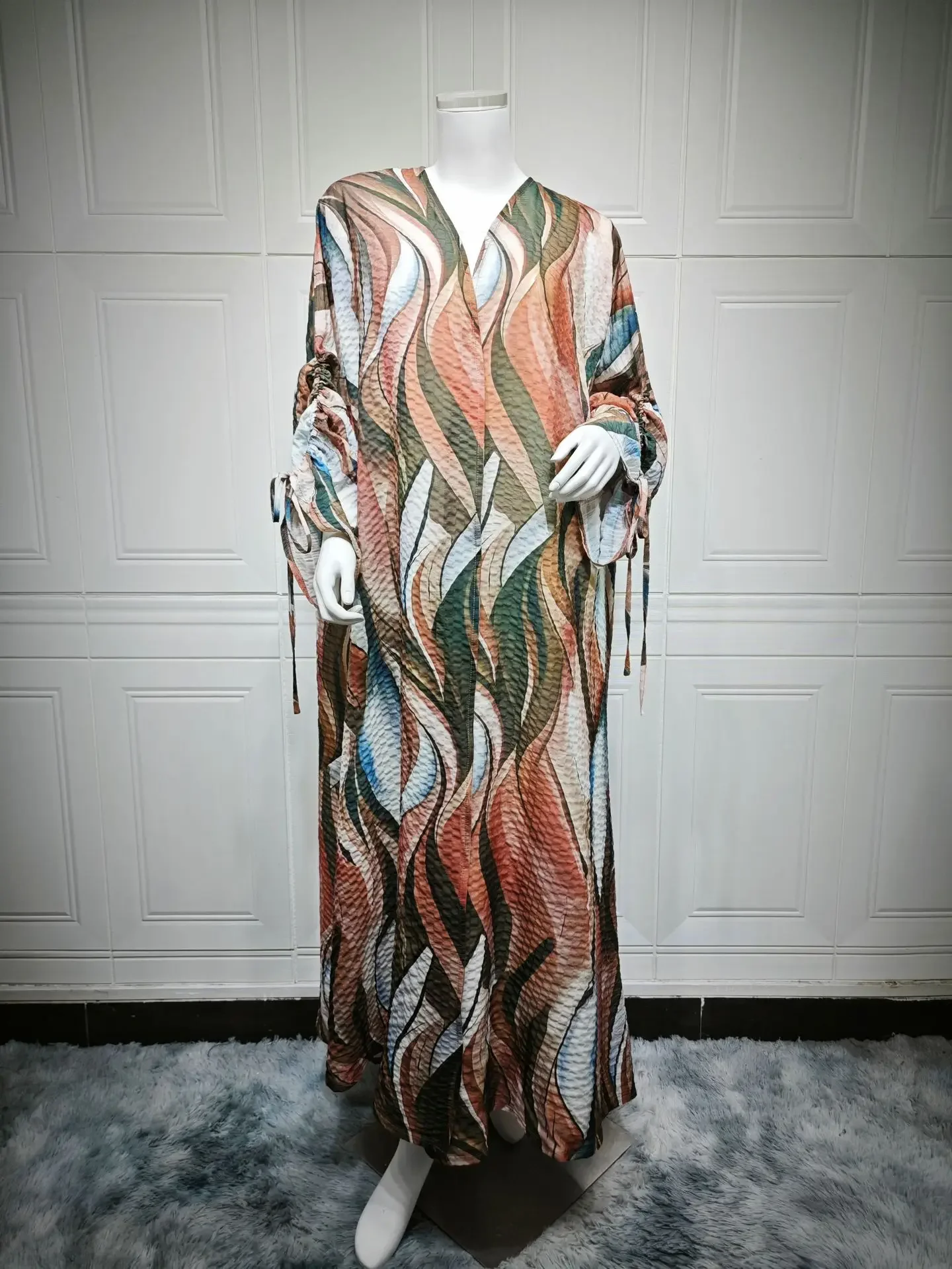 프린트 오픈 가디건 미들 두바이 가디건 패션 코튼 린넨 이스트 아바야 커프 드로스트링 무슬림 여성 로브