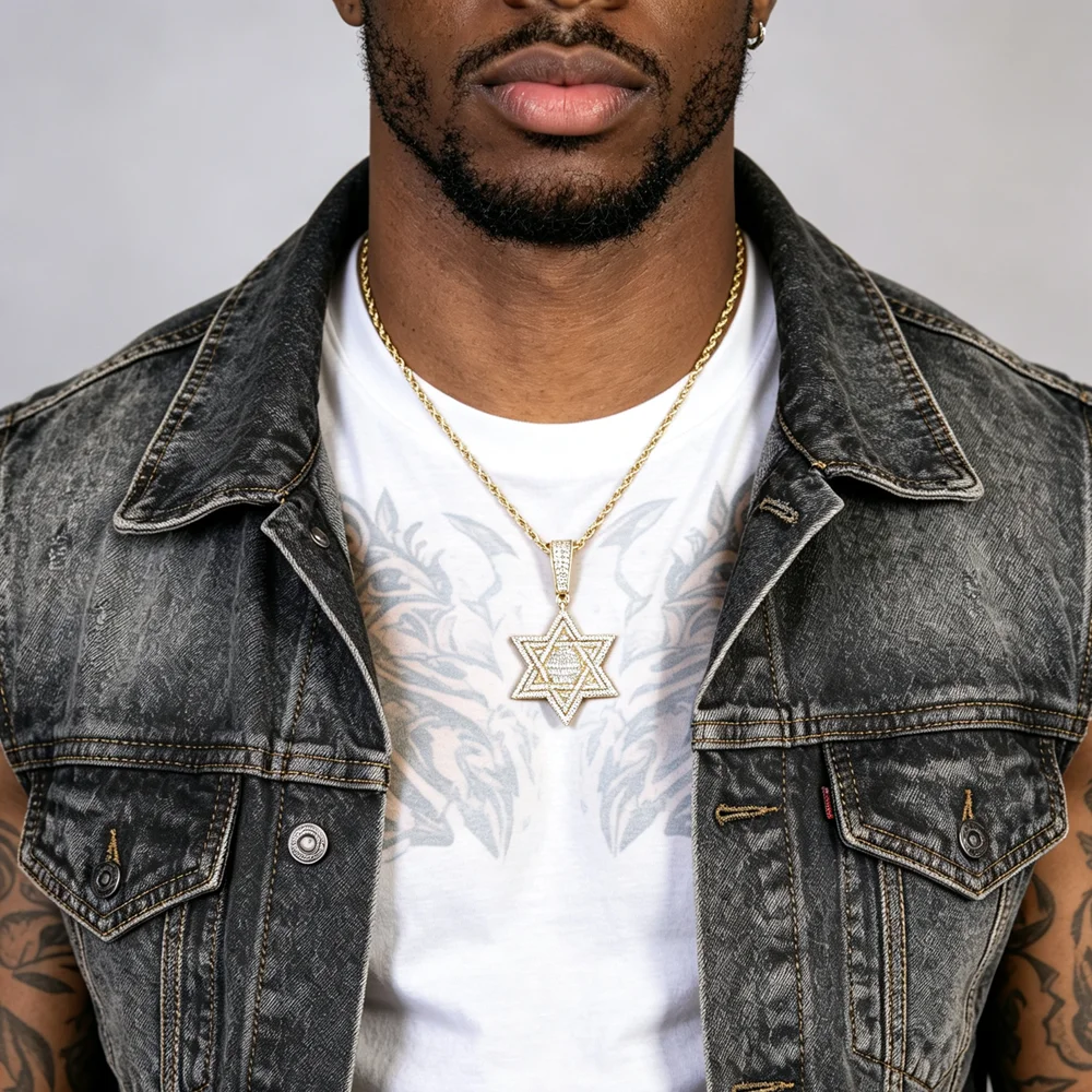 Newly launched hip-hop trend full of ice crystals shining zircon hexagram star fashion men's pendant rope chain necklace jewelry