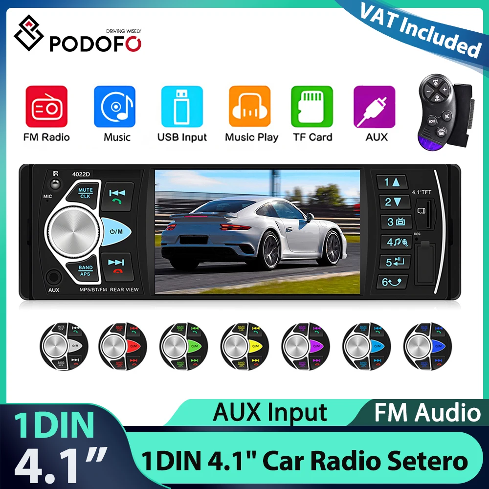 Podofo 1Din 4,1'' Auto-Stereoanlage MP5-Player Lenkradsteuerung Bluetooth Radio FM USB Unterstützung für TF-Karte Rückfahrkamera Autoradio