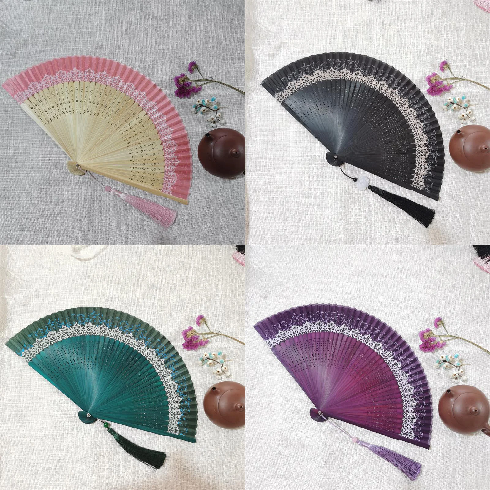 Retro Chinese Style Folding Fan Bamboo Wooden Silk Dance Fan with Tassel Female Wedding Party Performence Hand Held Fan Props