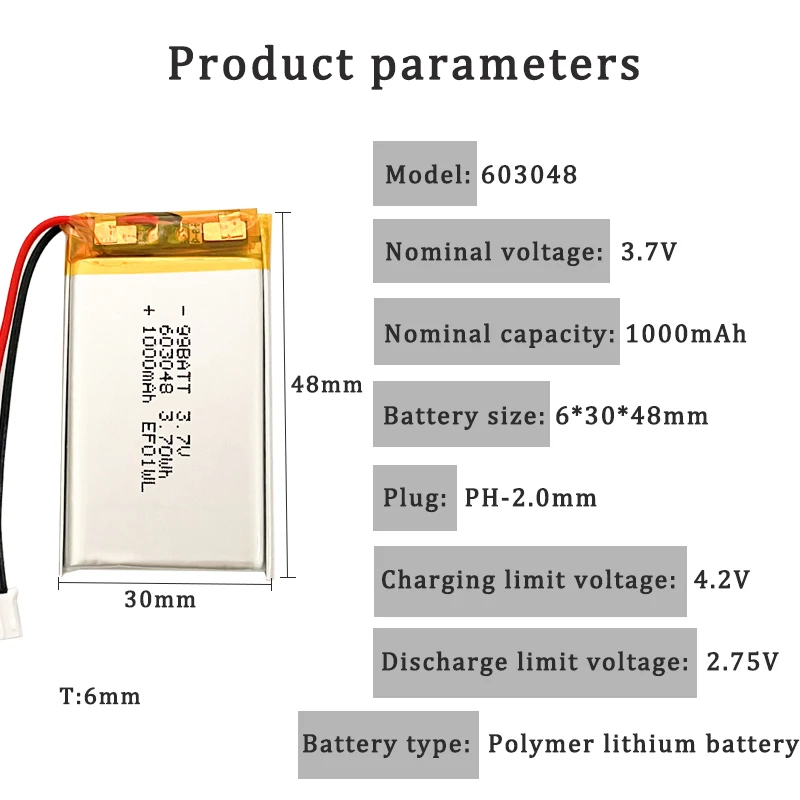 3.7V Lipo Battery 603048 1000mAh Rechargeable Polymer Lithium Batterie for Game Controller Robot GPS Bluetooth Headset LED Lamps
