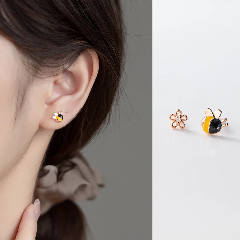 Modian Genuine 925 Sterling Silver Insect Bee Enamel Flower Stud Earrings for Women Small Cute Fashion Jewelry Gifts Pendientes