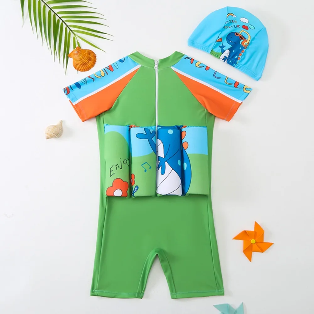 Children\'s Buoyancy Swimsuit 2024 New Boy One-piece Green Cartoon Animal Dinosaur Short-sleeved Quick-drying