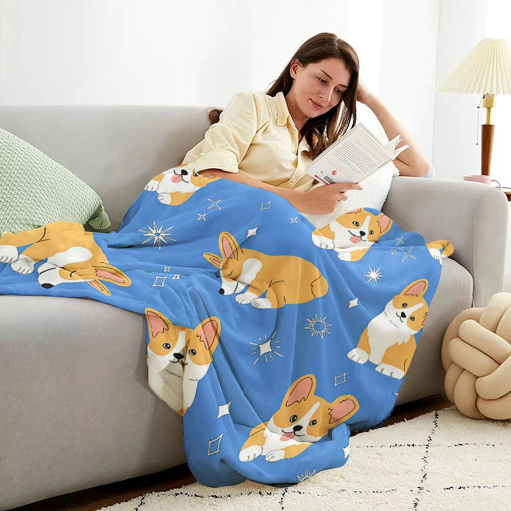 Printed Blue Corgi Dog fleece blanket for home decor