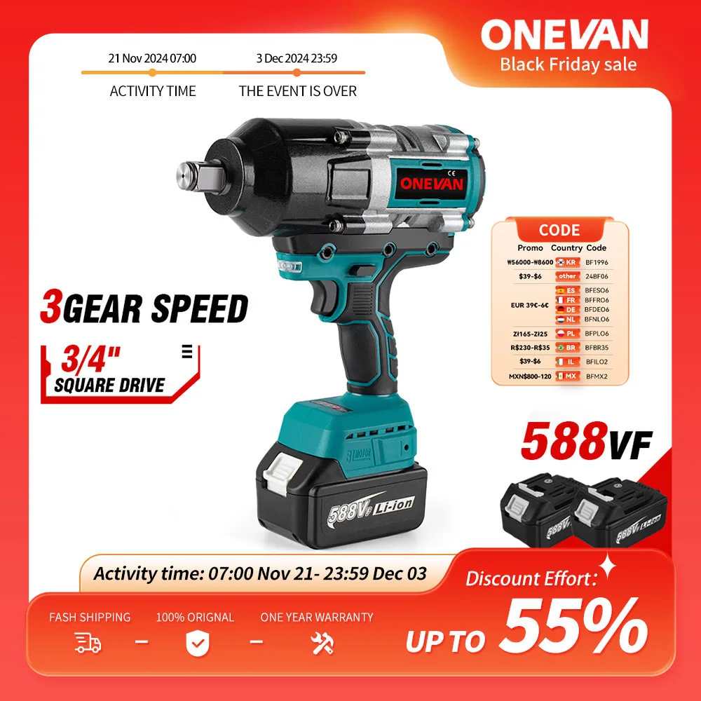 ONEVAN 3100N.M Brushless Electric Impact Wrench 3/4 inch Cordless Torque Wrench Lithium-Ion Battery Tool For Makita 18v Battery