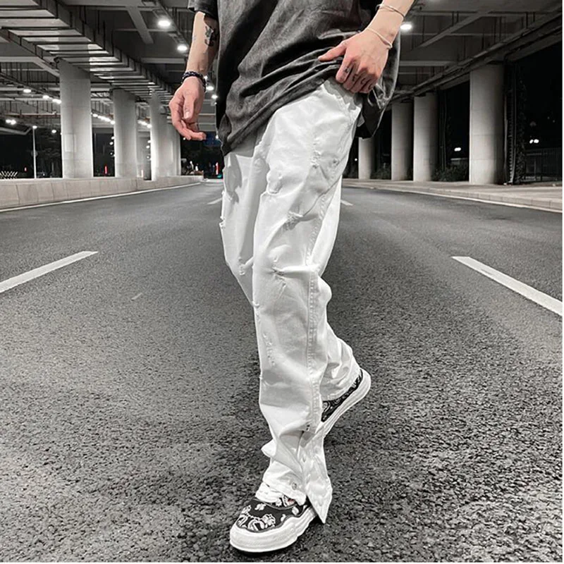 Mens Hole Ripped White Ankle Zipper Button Jeans Pants Straight Pockets Solid Color High Street Retro Loose Denim Trousers
