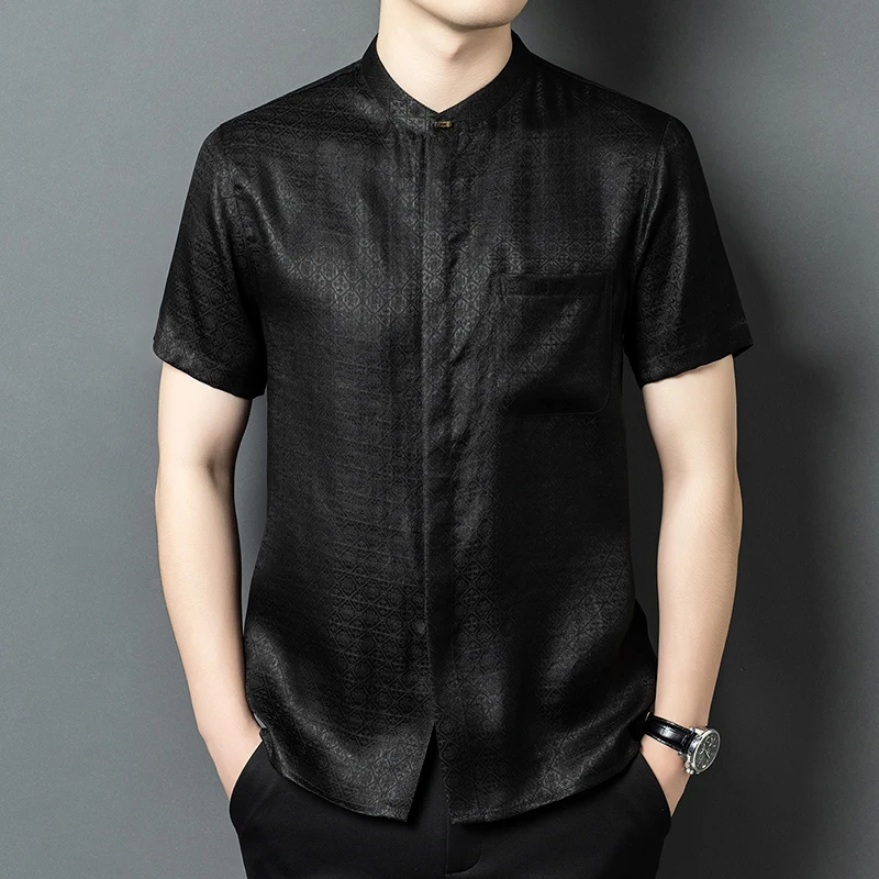 Covered Button Premium Shirts For Men Short Sleeved Tang Costume Summer Quality 100% Mulberry Silk Lightweight Camisas De Hombre