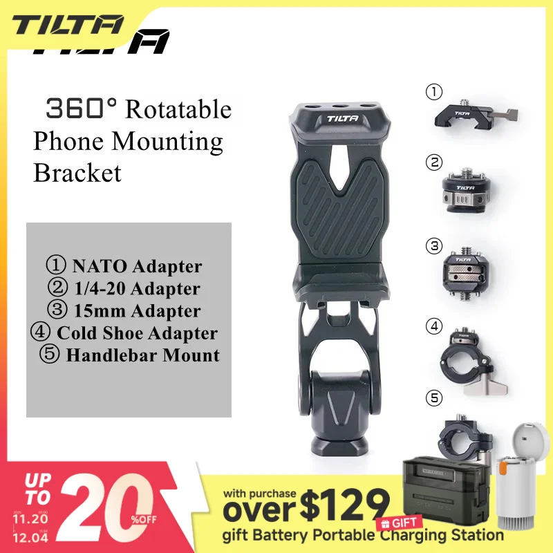 Suporte de montagem de telefone giratório TILTA TA-PMB5-15K V2 para sapata fria de 15 mm NATO guiador montagem 1/4 "-20 adaptador