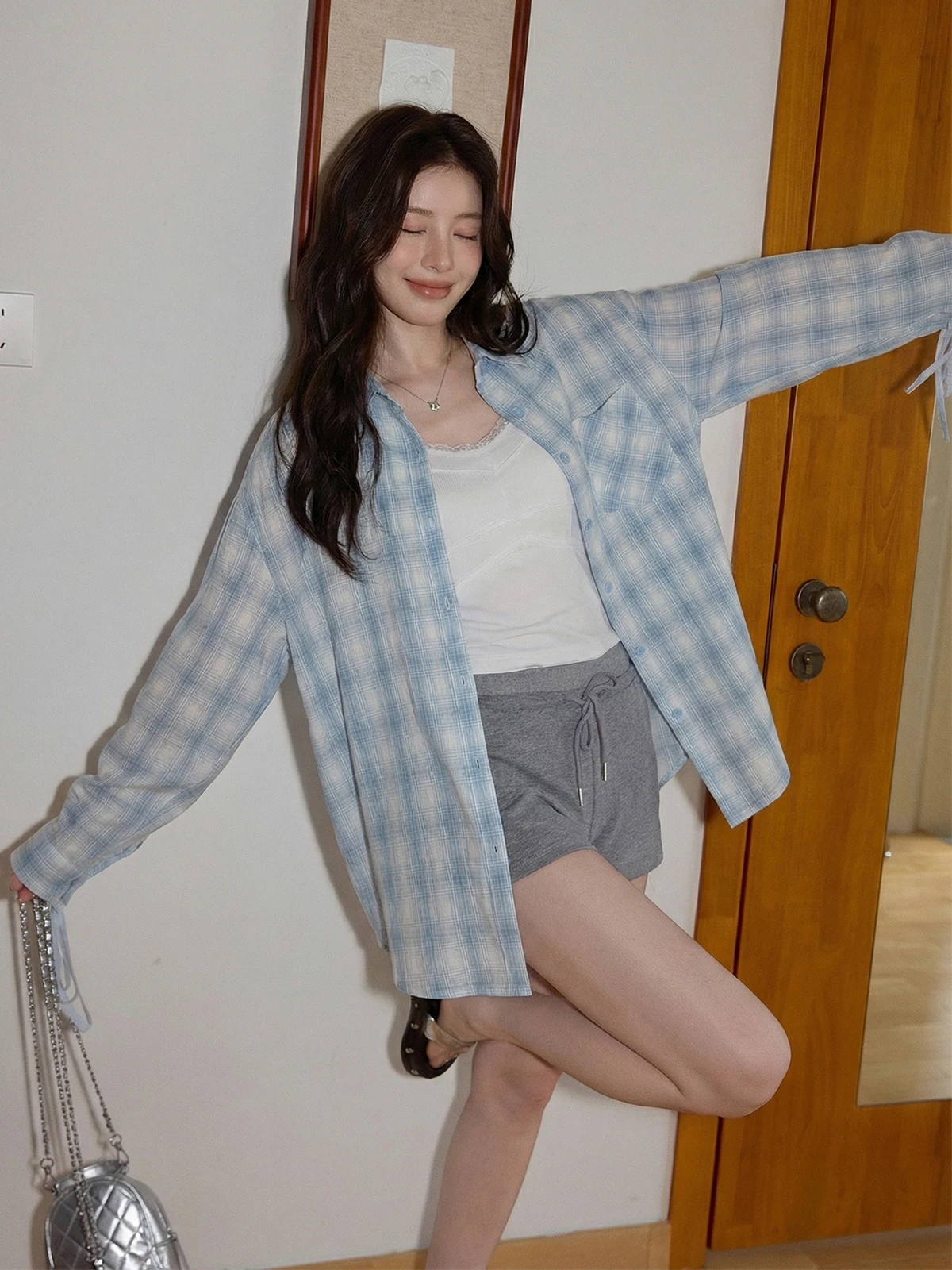 

Loose Long Sve Plaid irt Women's Spring New Sle Korean Lazy Faion Sun Protection Outerwear Versatile Top