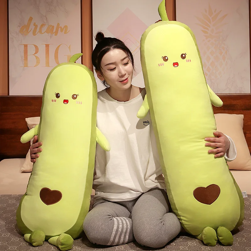 Green Avocado Long Pillow Stuffed Fruit Plushie Peluche Head Support Bolster Heart Pattern Kawaii Sleeping Companion Gift