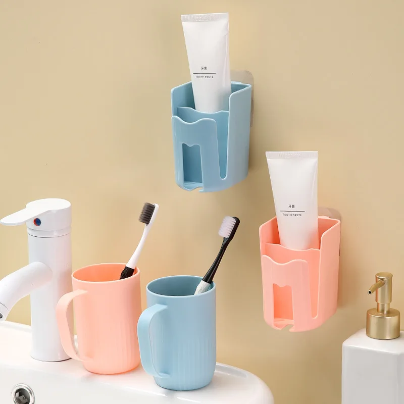 Wall Mounted Toothbrush Holder Punch-Free Quick Draining Tooth Brush Container Plastic Space Saving Toothpaste Dispenser