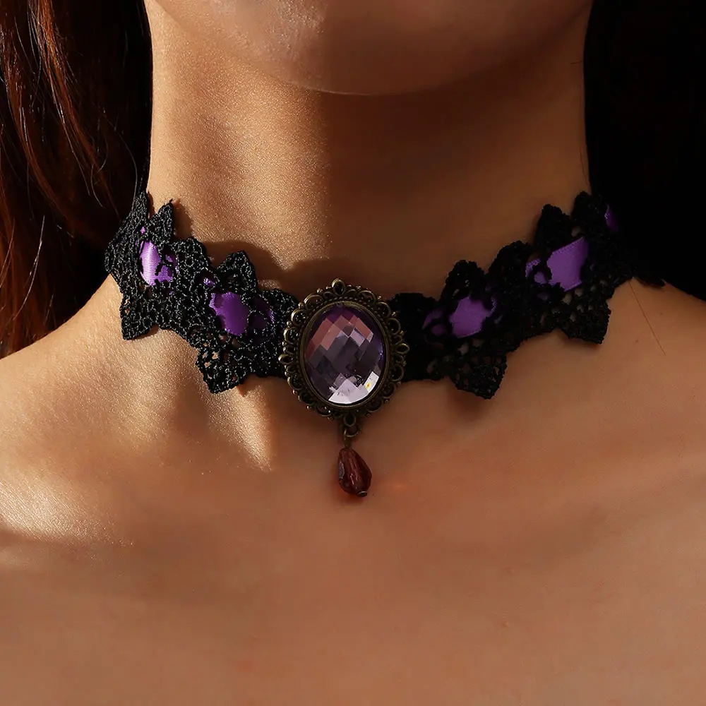 Sexy Neue Collares Gothic Halsreifen Kristall Schwarz Spitze Halsband Halskette Vintage Viktorianischen Frauen Halsband Steampunk Schmuck – Detail 2