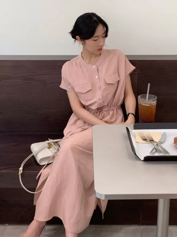 

Summer New Women's ort Sve Dr Dstring Waist Side Slit Double ket Anti-Aging Faion Commute Sle Clothing