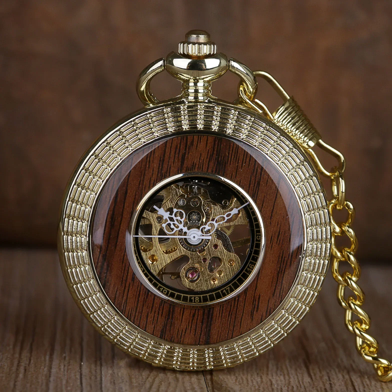 Wood Circel Gear Dial Gold Antique Mechanical Pocket Watch Men Vintage Engraved Hand Wind Steampunk Watch Women Fob Chain Colck