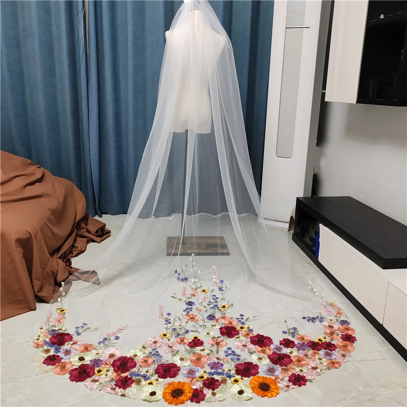 3D Colorful Floral Bridal Wedding Veils Cathedral With Comb Pink Purple Orange Flowers Leaves White Ivory Tulle Brides Unique