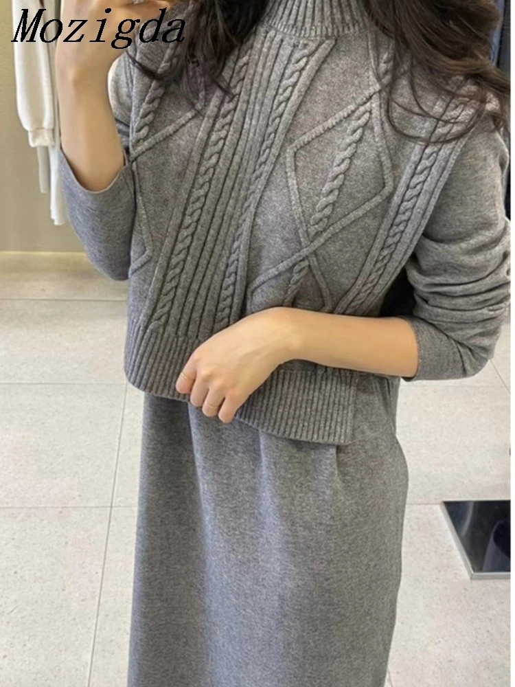 

Aumn Winter Two 2 Piece Set Knitted Long Sleeve Sweater Dress Woman Loose Sleeveless Vest Woman Ladies Tops Fashion Suit