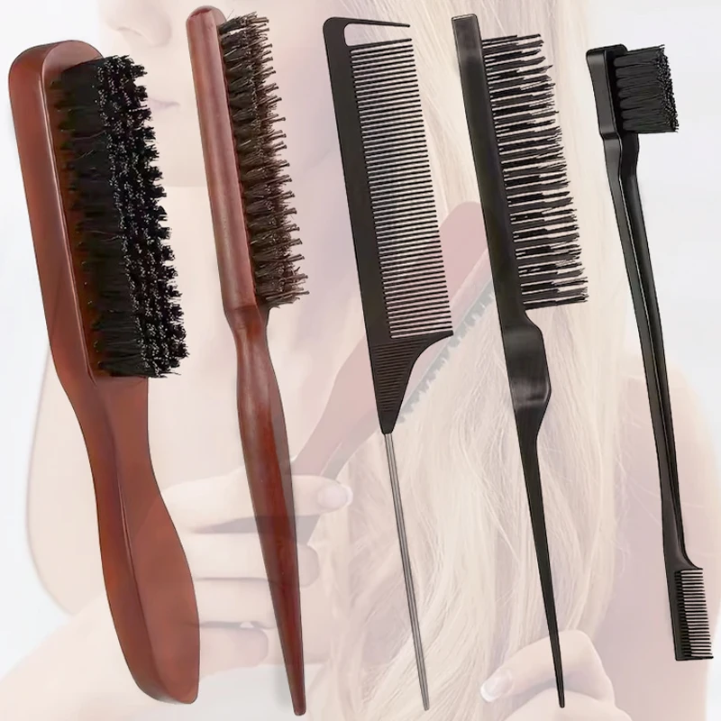 1/2/4/5pcs Wild Boar Bristle Hair Brush and Comb Set, Edge Control Styling Tools，Nylon Bristles, ABS Handle