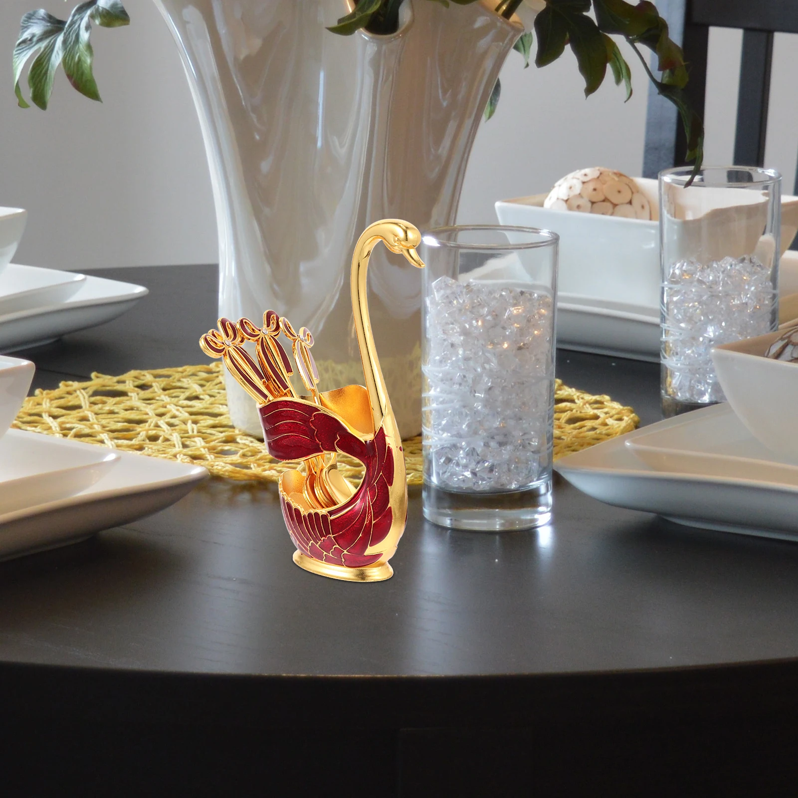 

Dessert Spoon Set Storage Holder Spoons Swan Shaped Eating Coffee Serving Silverware Rack