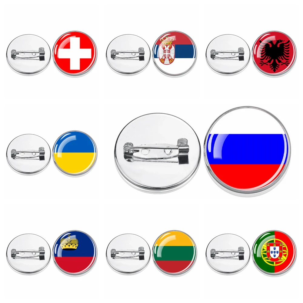 Europe Flag Badge Pins Albania Serbia Ukraine Portugal Norway Russia Finland Pride Glass Dome Badges Pins for Backpacks Jewelry