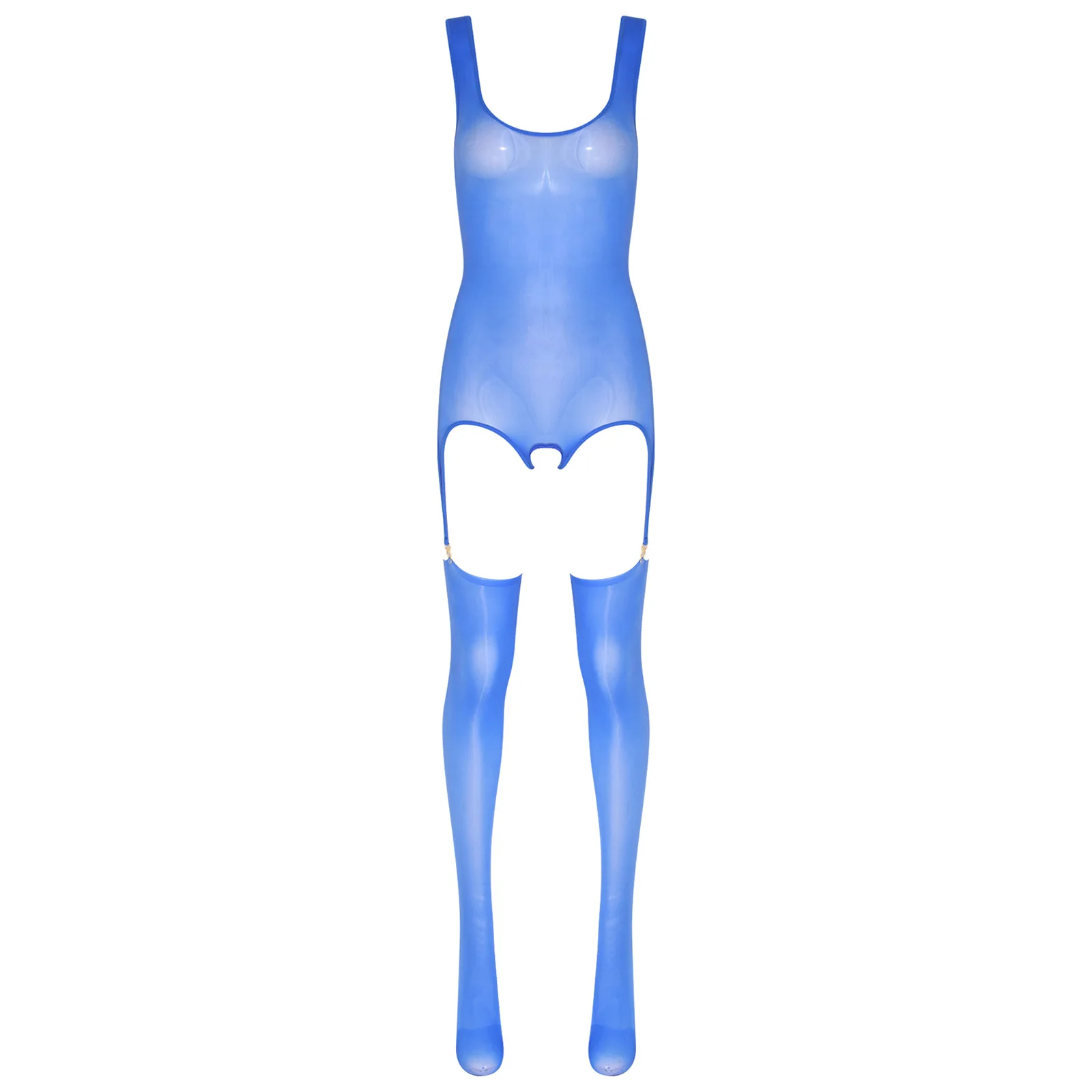

Lingerie Women Ultra Thin Sheer Body-bodysuit Stretchy See Through Sleeveless Crotch Hollow Out Bodycon with Thigh High Socks