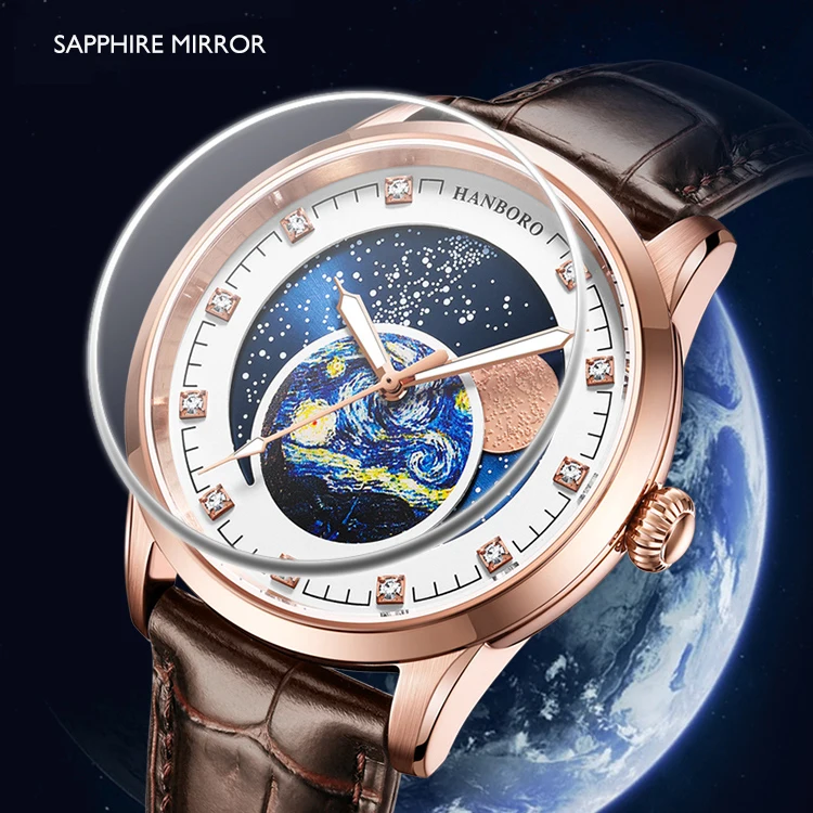 HANBORO Men Automatic Watch 42MM Moon Phase Mechanical Wristwatch Luminous 50 Waterproof Sapphire Mirror