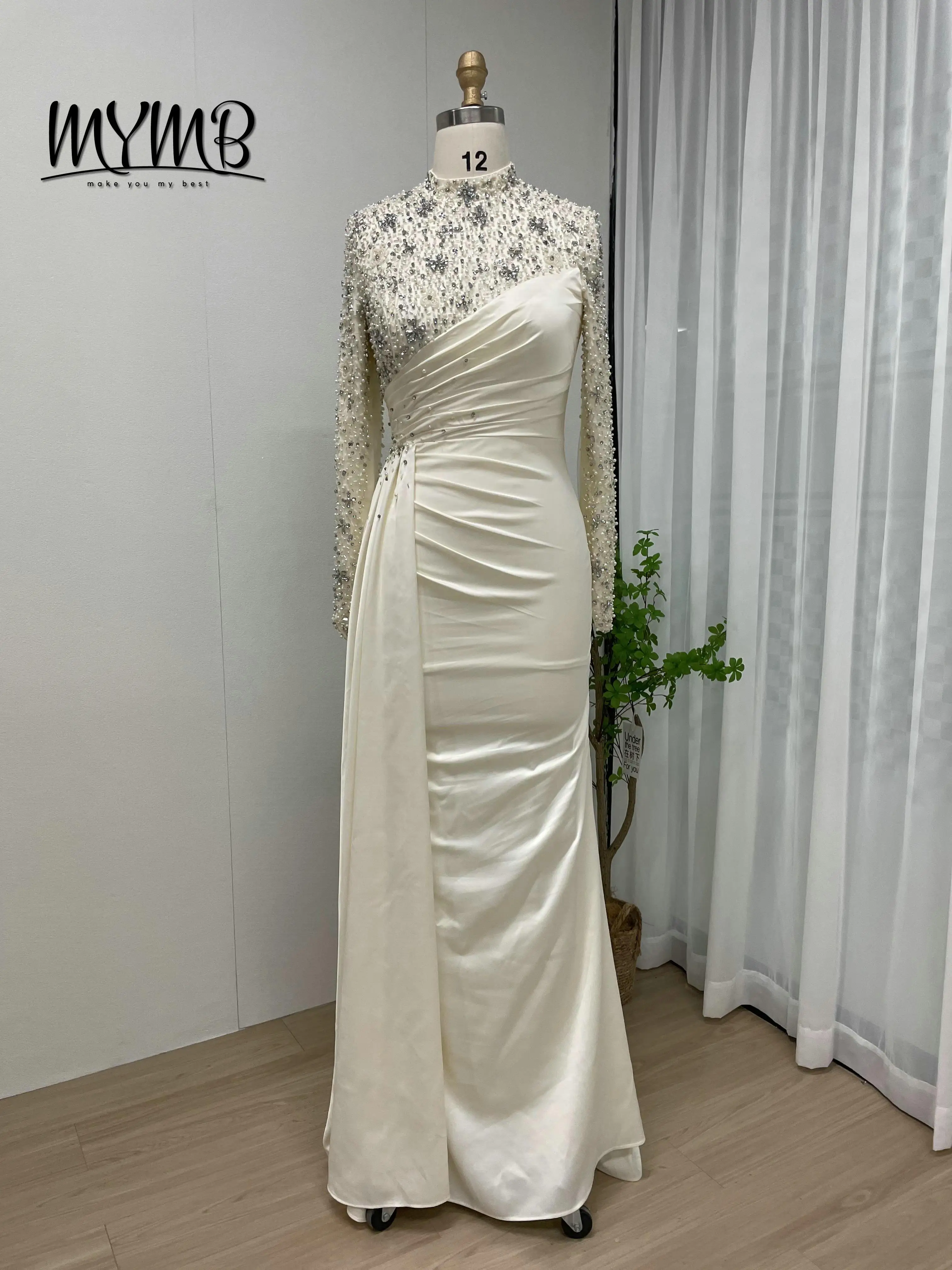 فساتين سهرة جديدة من MYMB بأكمام طويلة ورقبة عالية في دبي مقاس كبير للنساء بطول الأرض لؤلؤ للحفلات الراقصة للولائم MY30049 #2