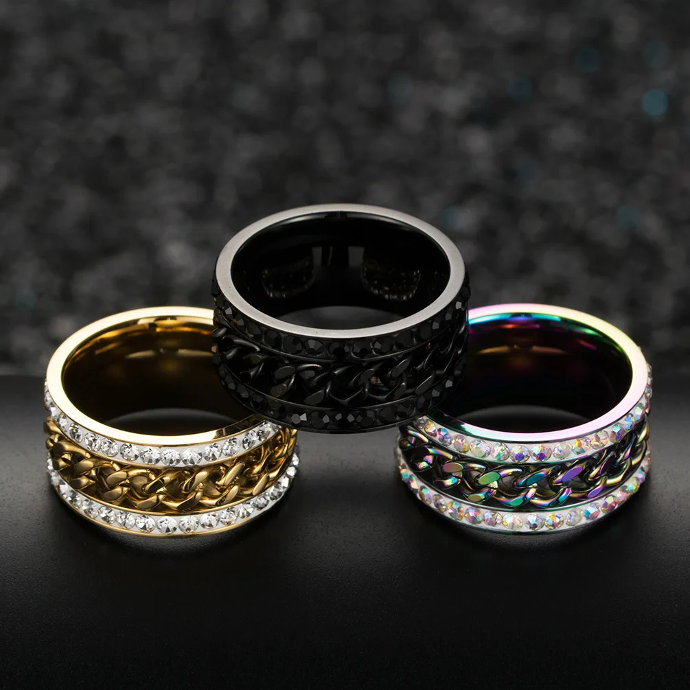 Rotatable Colorful Stainless Steel Ring Women‘s Men\'s Fashion Jewelry with Chain Inlay Comfort Fit