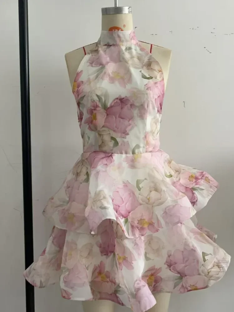 

Backless Printed Backless Halter Puffy Dress Women Sleeveless High Waist Sexy Holiday Dresses 2025 Summer Party Gown Lady Robe