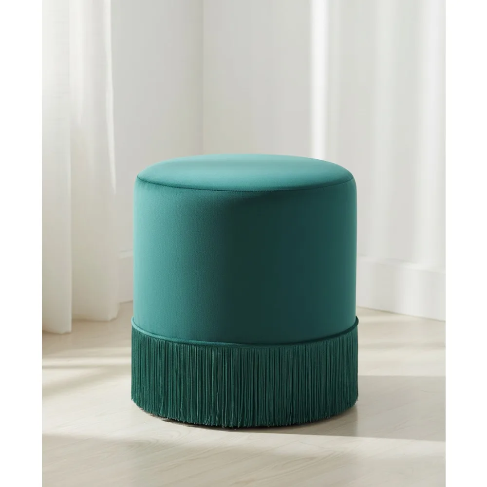 Modern Velvet Ottoman with Tassels, 15.5x15.5x17.5 Inch Green Footstool for Living Room Decor