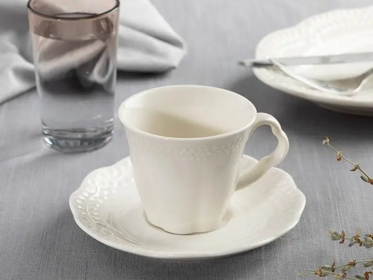 LaModaHome Espresso Coffee Cups with Saucers Vienna Porcelain 2 Coffee Cup 80 ml Open Cream English Arabic Greek Coffee Cup