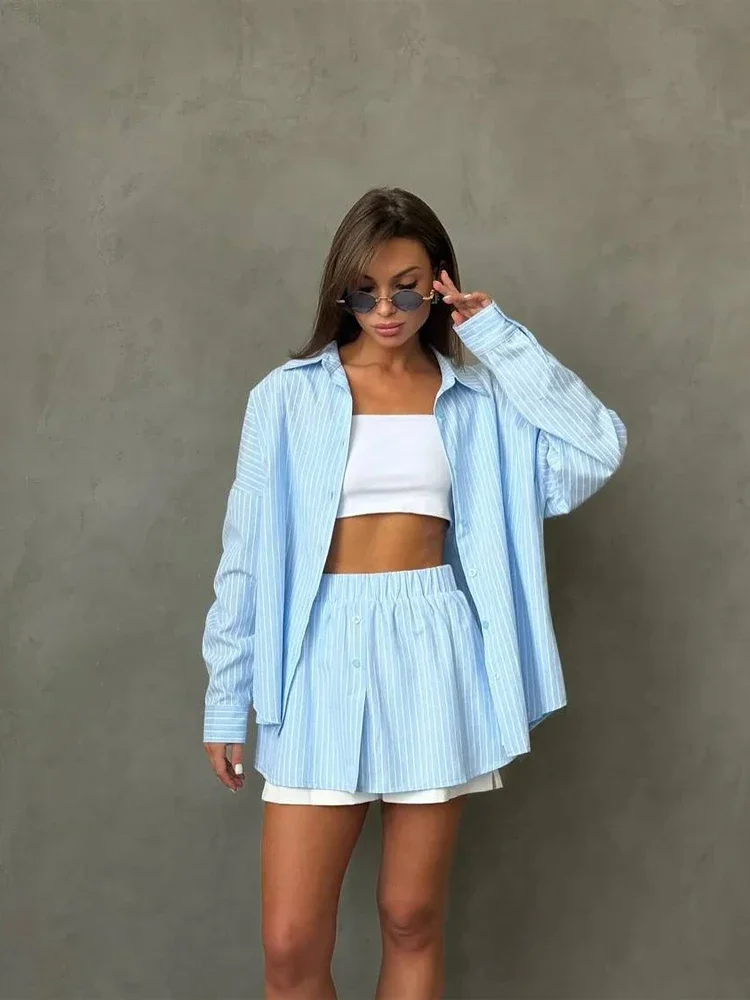 Blue White Vertical Striped 2 Piece Short Set Women Lapel Collar Oversized Shirt High Waist Button Front Casual Skort Streetwear