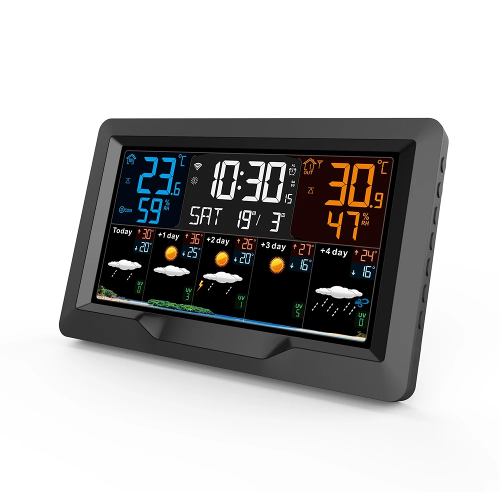 WIFI Tuya شاشة ملونة توقعات الطقس ساعة حائط ميزان الحرارة الرقمي الرطوبة سجل محطة الطقس عبر الإنترنت الاتجاه RF الاستشعار #5