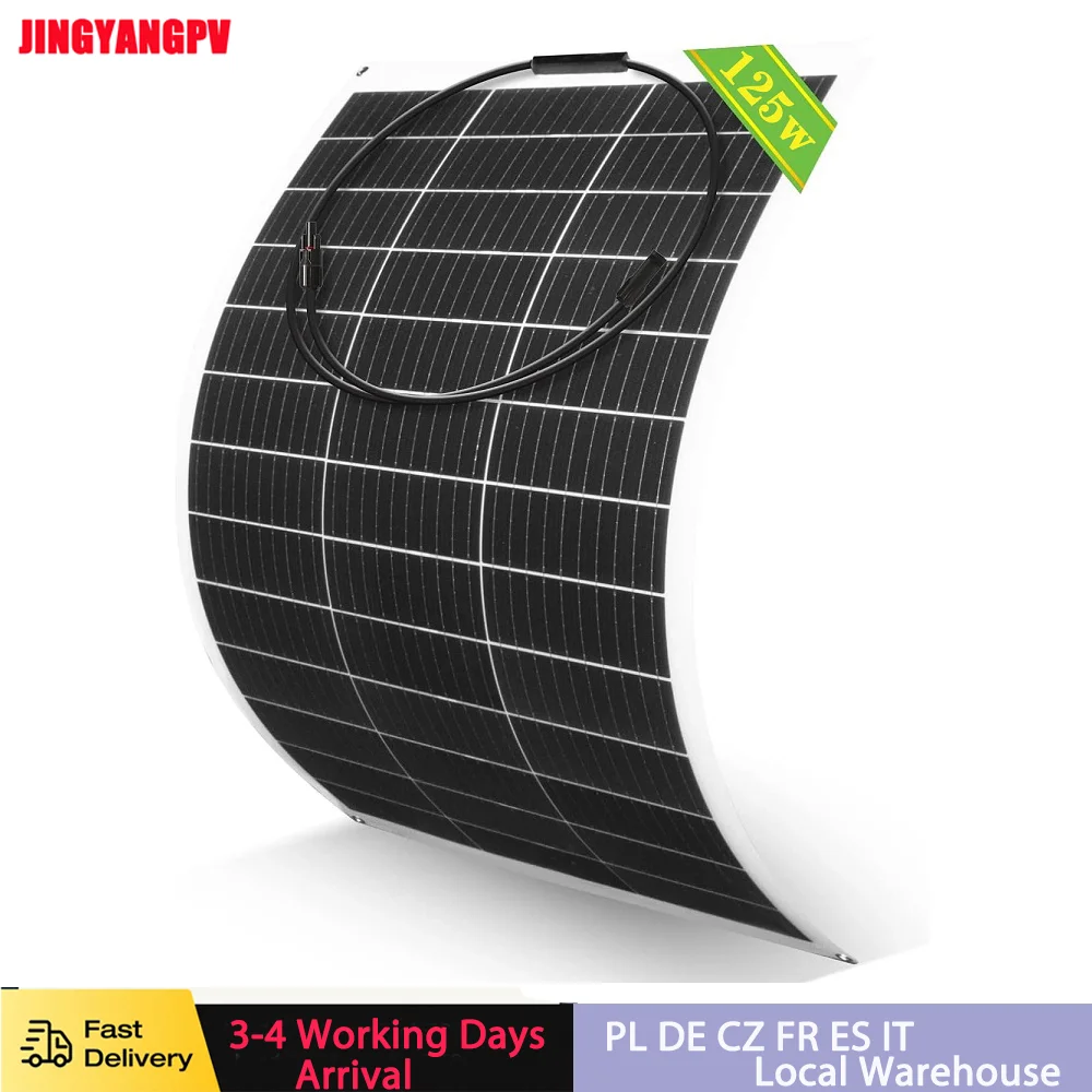 125W 18V Solar Panel Flexible Monocrystalline Solar Panel, Solar Module with Charging Cable for Motorhome Car Boat 12V Batteries