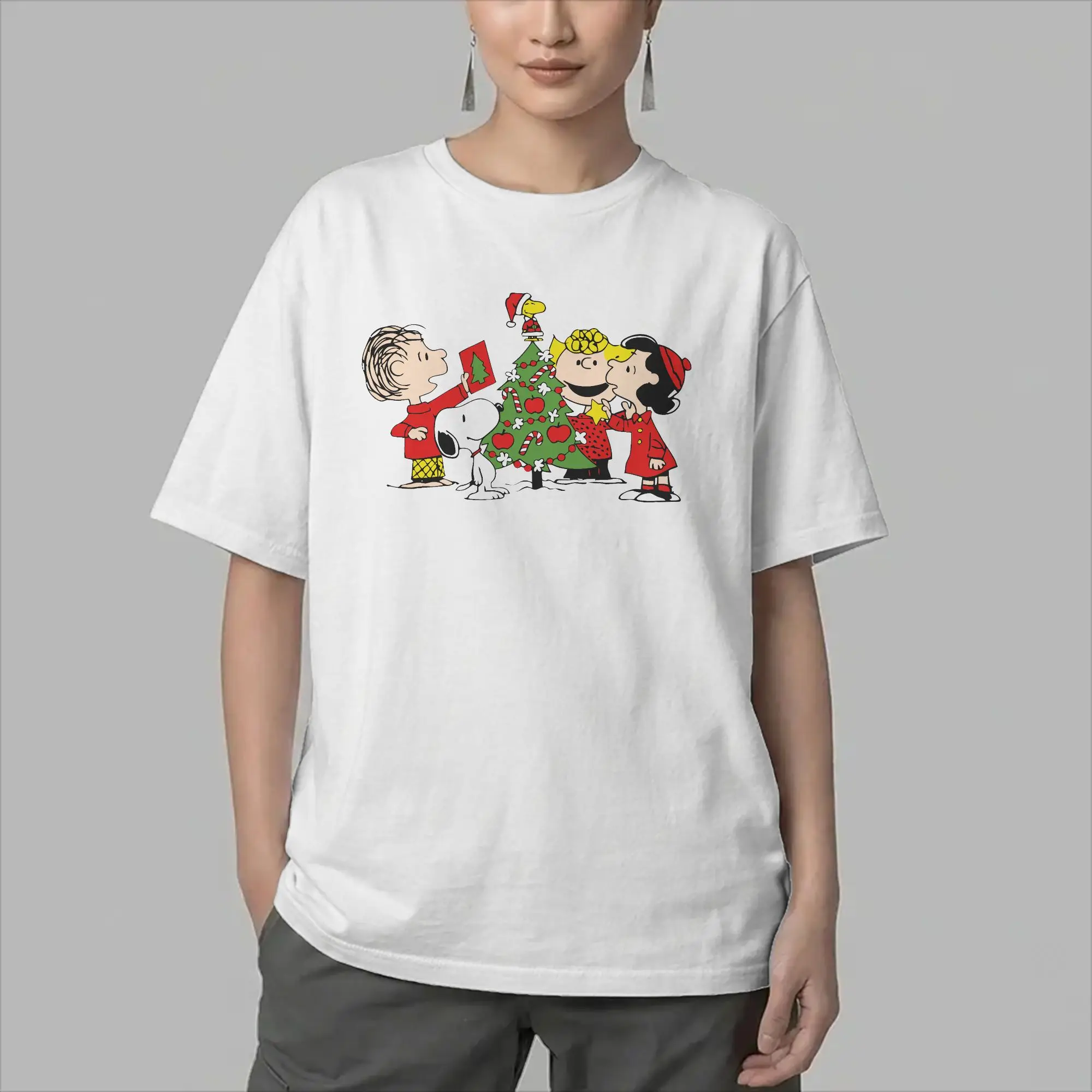 Cartoon Snoopys Christmas T Shirt Men Pure Cotton Novelty T-Shirt Crew Neck  Tees Short Sleeve Clothing 6XL
