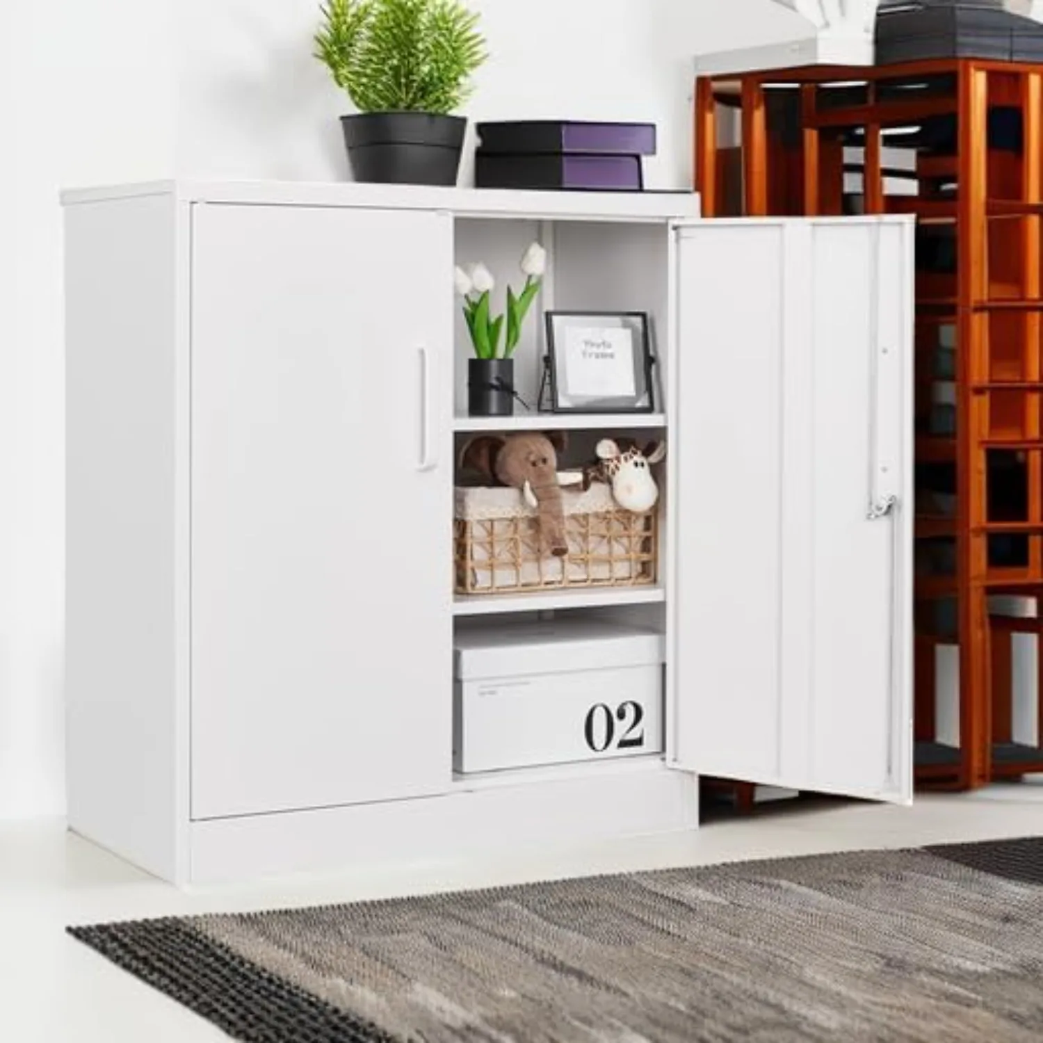 Metal Storage Cabinets with Lock, Small Locker Organizer Steel Cabinets, Adjustable Layers Shelves 2 Doors (White-36)