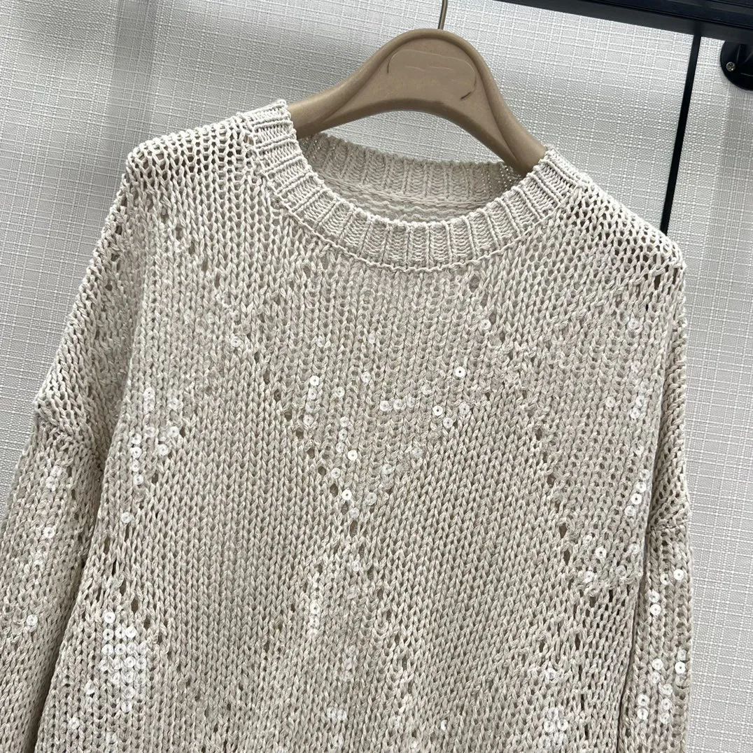 Women's ClothingSpring new sequin embroidered linen blend knitted sweater, made with yarn weaving technology, loose fit!