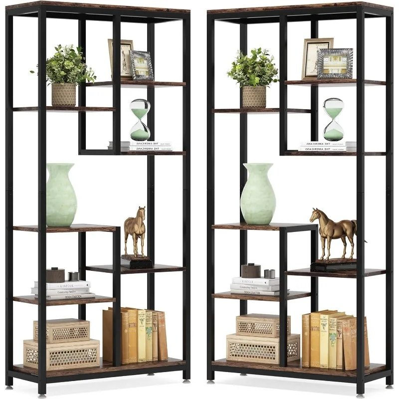 6-Tier Tall Bookshelf Set of 2, Industrial 8-Shelf Open Bookcase Storage Display Book Shelves for Living Room, Home Office