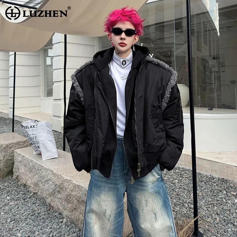 LUZHEN 2025 Winter New Double Layer Fake Two Piece Design Parka Jacket Men Fashion Original Fleece Patchwork Padded Coat JY5041