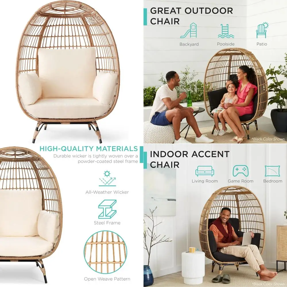 

Oversized Wicker Egg Chair with 4 Cushions for Indoor and Outdoor Use, Perfect for Patio and Living Room