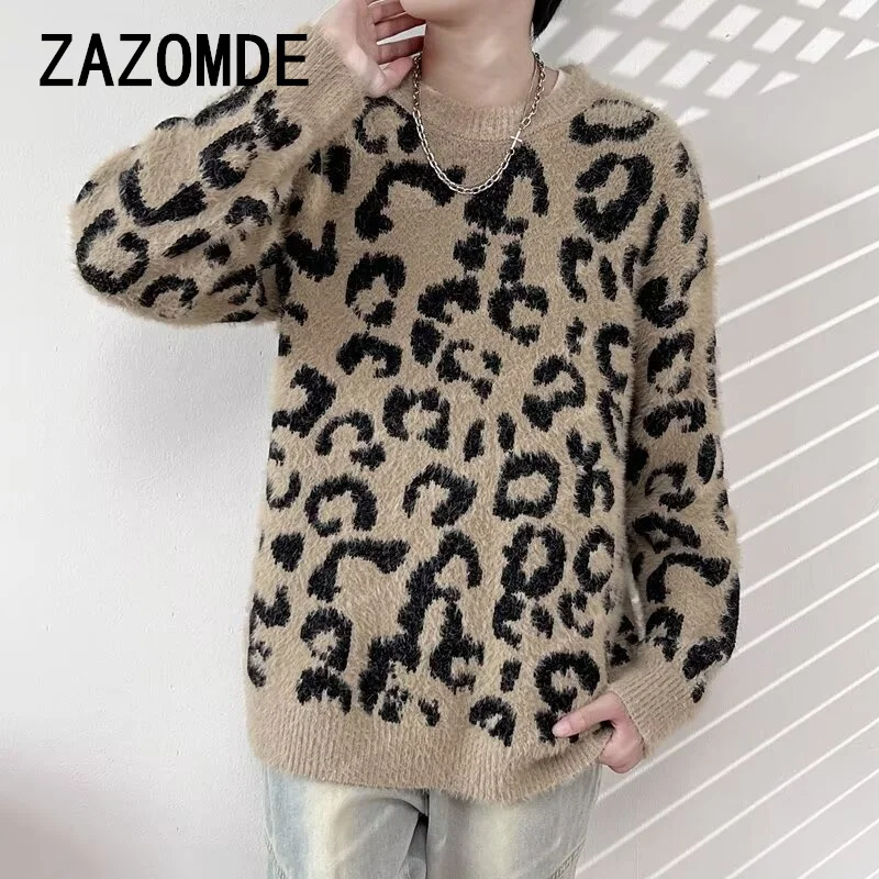 ZAZOMDE 2024 maglioni modello leopardo invernale coreano caldo lavoro a maglia inverno stampa animale pullover manica lunga Streetwear maglieria