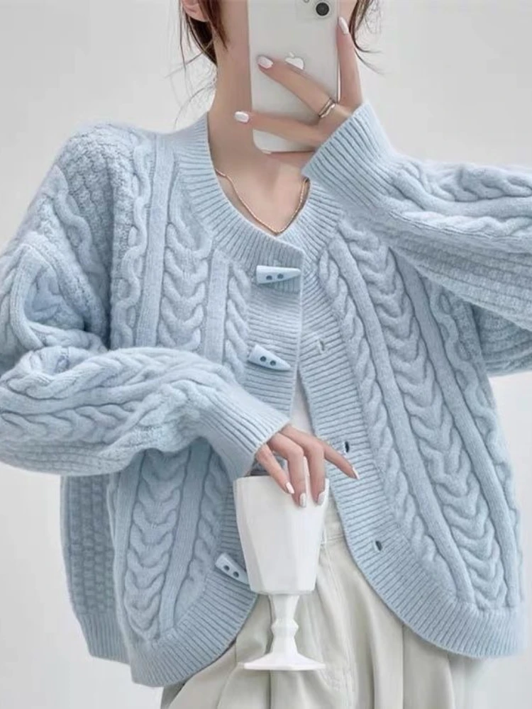 

Korobov Autumn/winter Sweet Casual Loose Solid Single Breasted O Neck Long Sleeve Knitted Cardigan