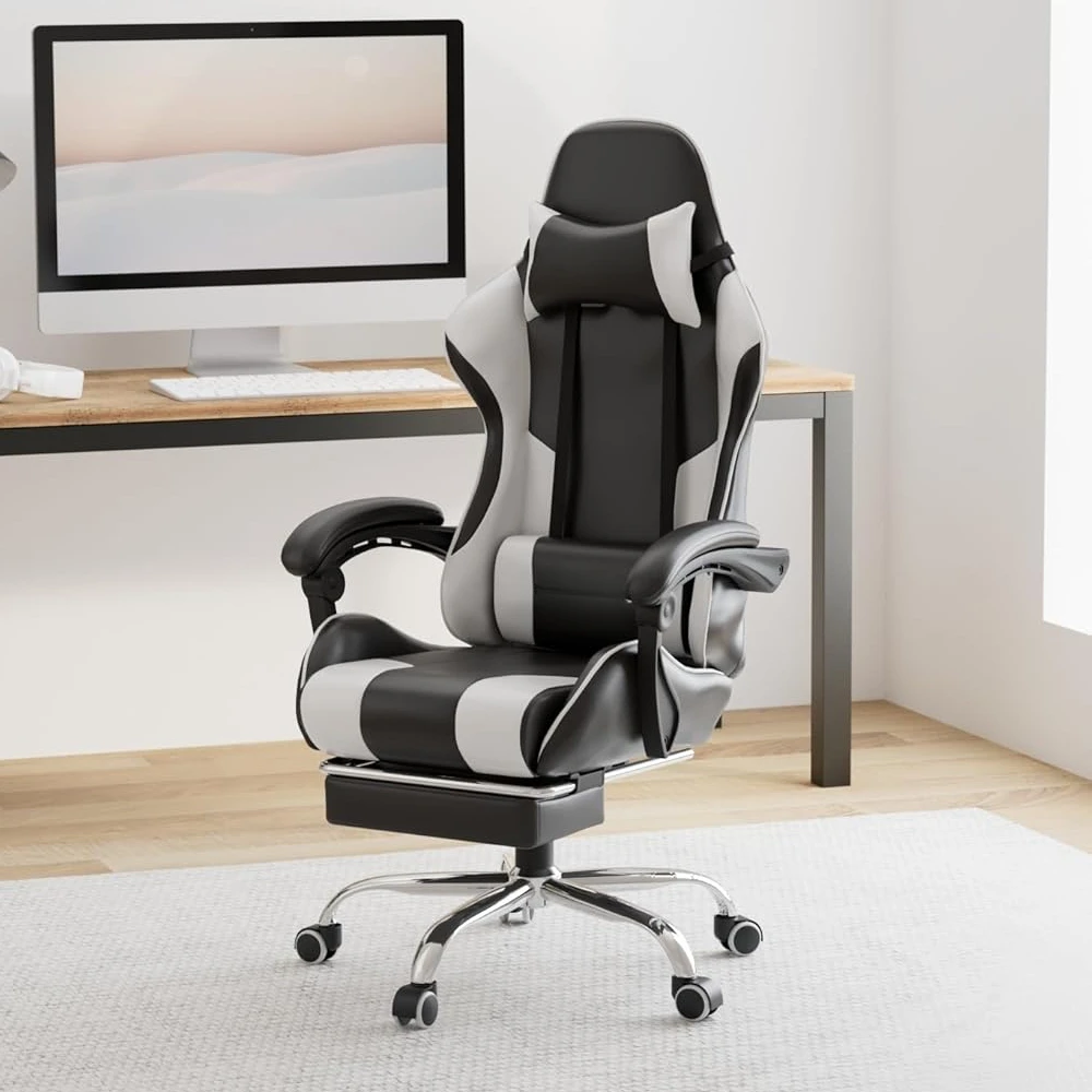 

Office chair, computer chair with footrest and lumbar support, height-adjustable office chair with 360° swivel seat and headrest