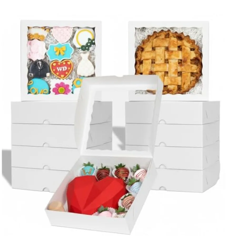 White Bakery Boxes 6pcs, 9x9x2.5 Inches For Valentine's and Christmas: Ideal for Cookies, Pie, Chocolate Covered Strawberries,