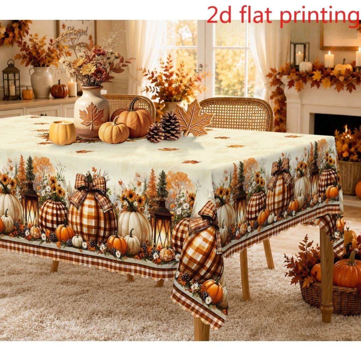 1pc Fall Harvest Pumpkin Maple Leaf Tablecloth Rustic Buffalo Plaid Thanksgiving Farmhouse Dining Table Cover for Kitchen Party