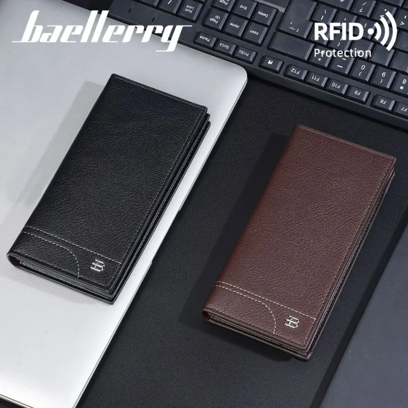 Baellerry Rfid Wallet for Men Retro PU Leather Long Wallet Clutch Multi-Card Slot Wallet Zipper Card Holder Coin Purse Hand Bag