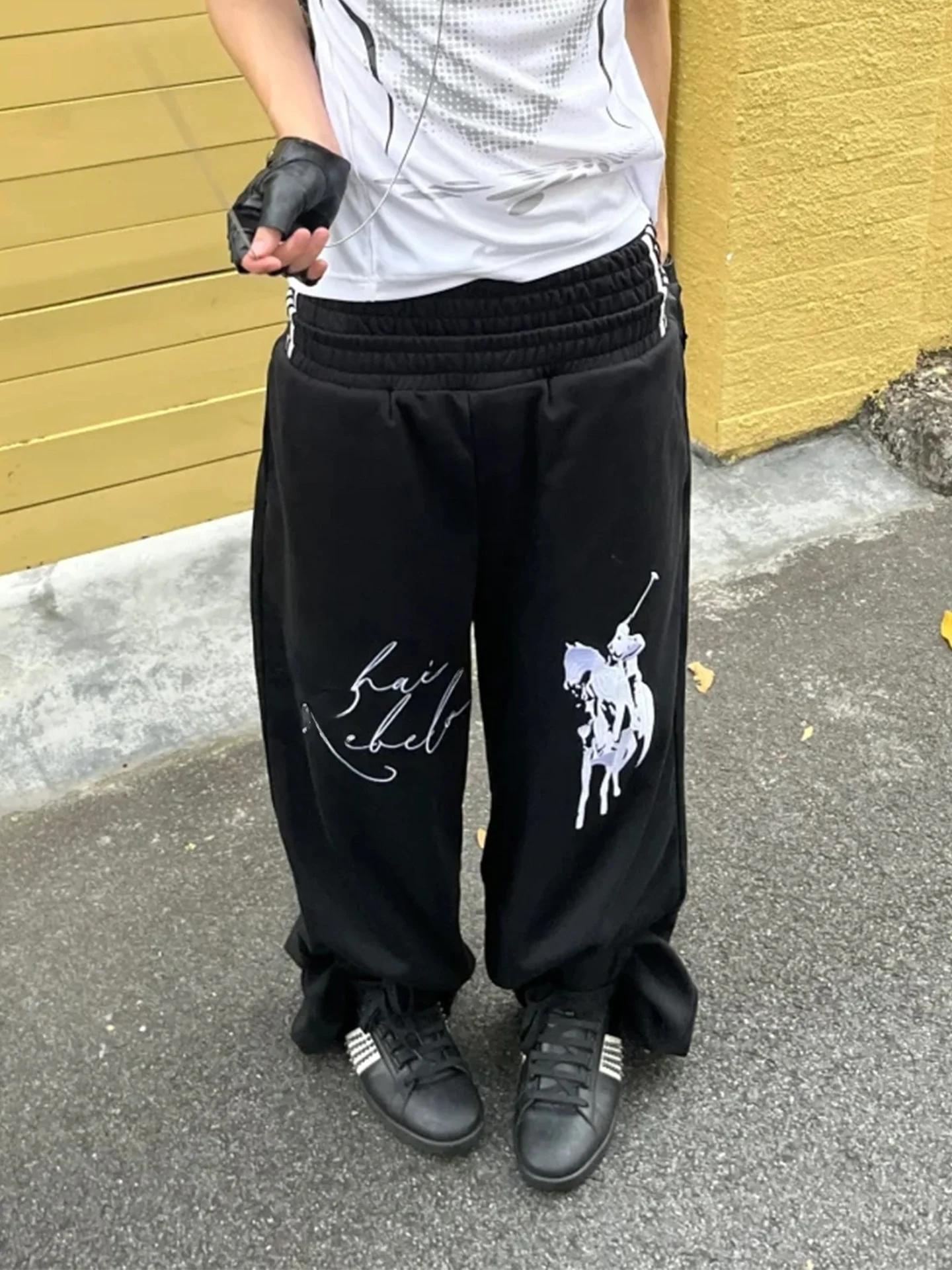 Retro American Embroidery Design Sporty Sweatpants Women's High Waist Wide Leg Floor-Length Casual Loose Fit Trousers